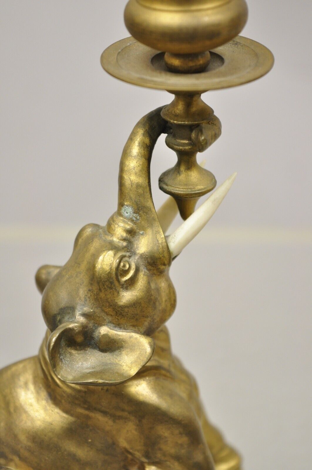 Vintage Gilded Brass Bronze Figural Elephant Small Candlesticks - a Pair