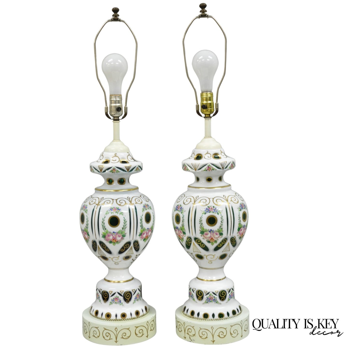 Antique Bohemian Czech Glass Green and White Flower Painted Table Lamps - a Pair