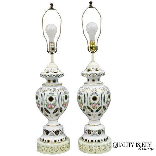 Antique Bohemian Czech Glass Green and White Flower Painted Table Lamps - a Pair