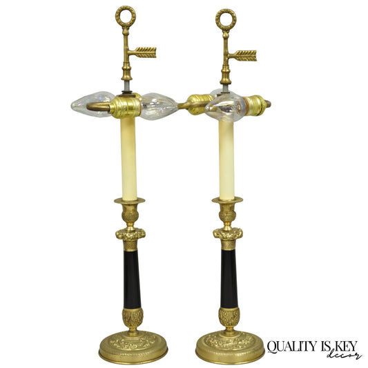 Vintage Warren Kessler French Empire Bronze Candlestick Small Table Lamps a Pair