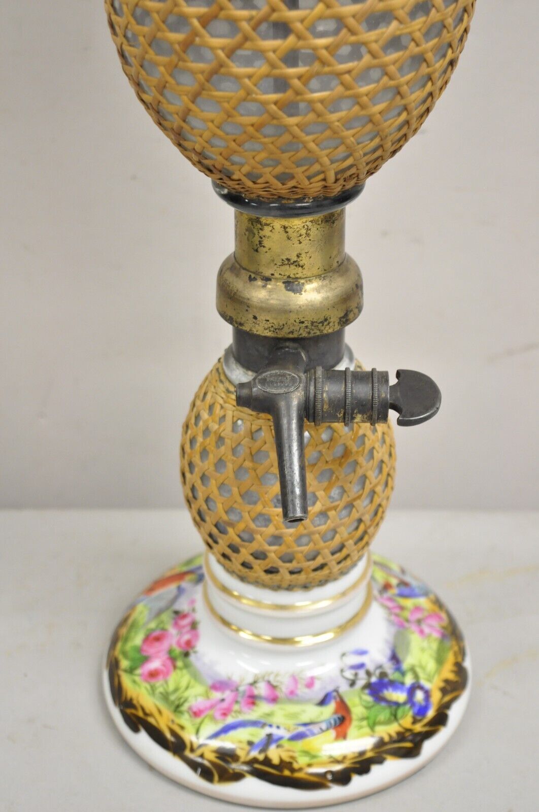 Antique French Victorian Rattan Wrapped Blown Glass Seltzer Bottle Table Lamp