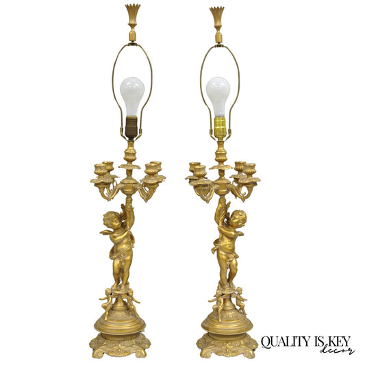 Vintage French Renaissance Louis XV Gold Cherub Candelabra Table Lamps - a Pair