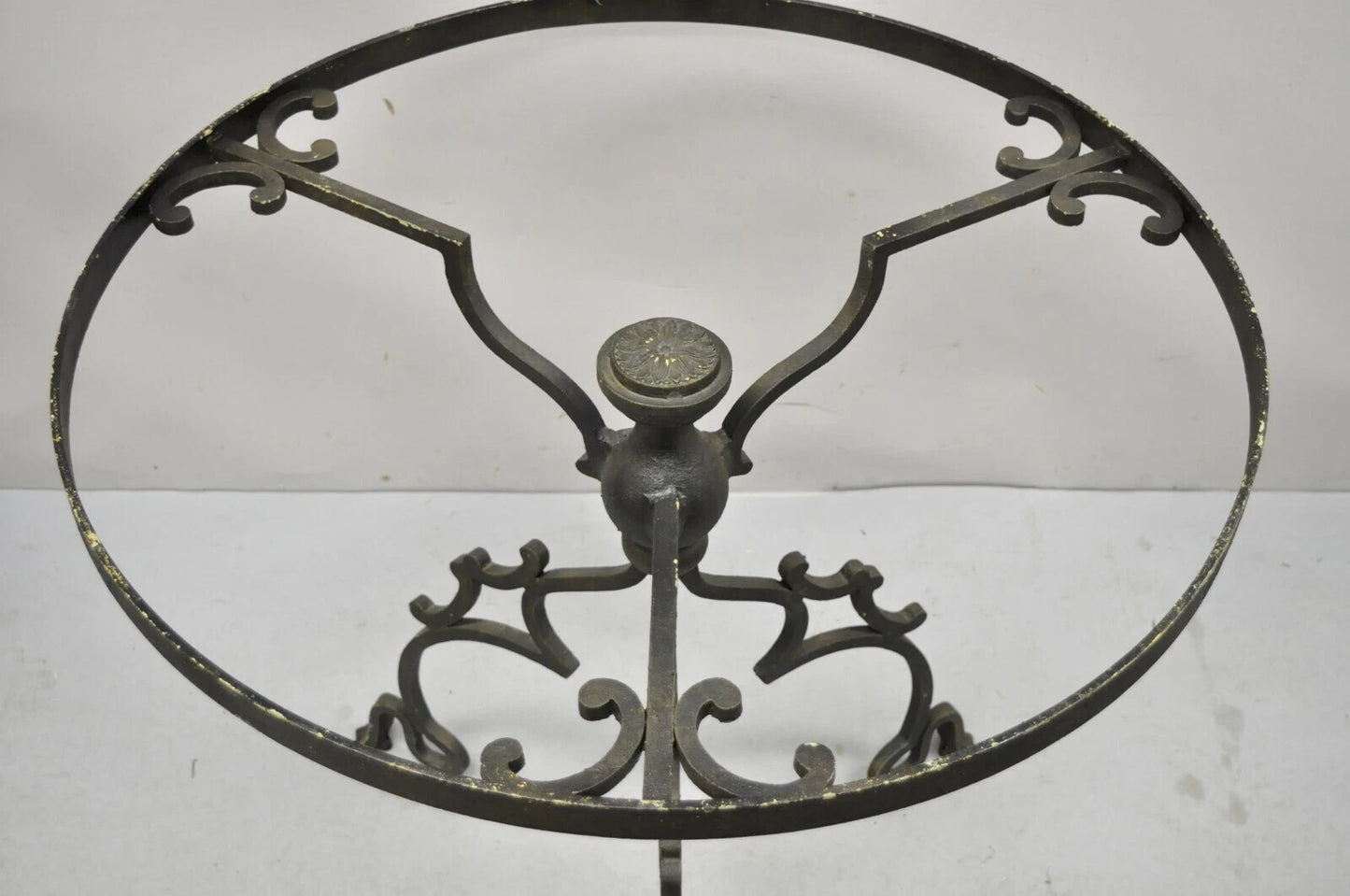 Vintage Gothic Style Wrought Iron Scrolling Base Round Glass Top Center Table