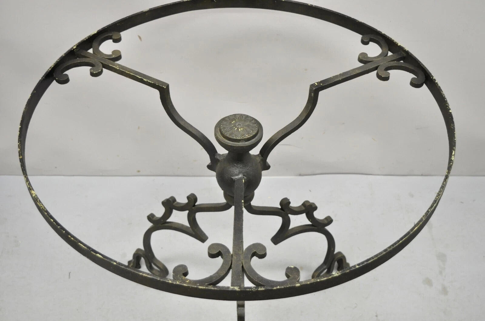 Vintage Gothic Style Wrought Iron Scrolling Base Round Glass Top Center Table