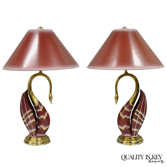 Vintage Art Nouveau Modern Brass Figural Swan Gold Red Table Lamps w Shades Pair