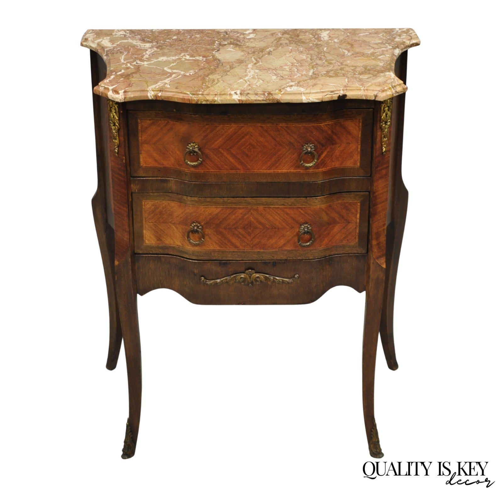 Antique French Louis XV Marquetry Inlay Marble Top Bombe Nightstand Side Table