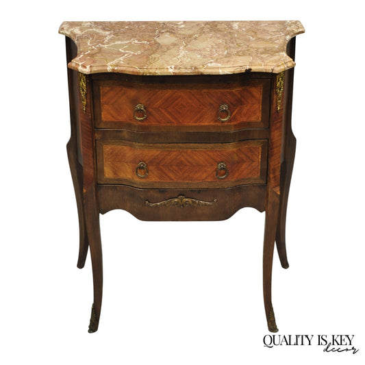 Antique French Louis XV Marquetry Inlay Marble Top Bombe Nightstand Side Table