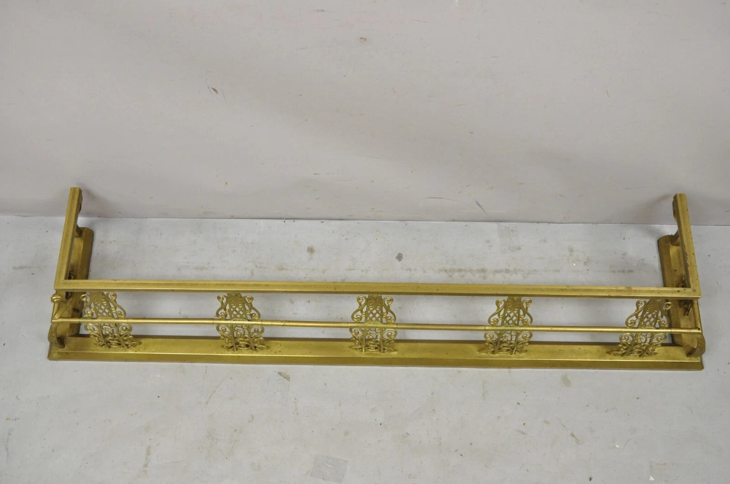 Antique Victorian Brass Scroll Accented 58" Fireplace Hearth Fender Surround