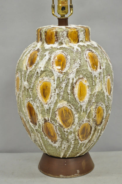 Vintage Mid Century Modern Green Bulbous Ceramic Pottery "Tigers Eye" Table Lamp