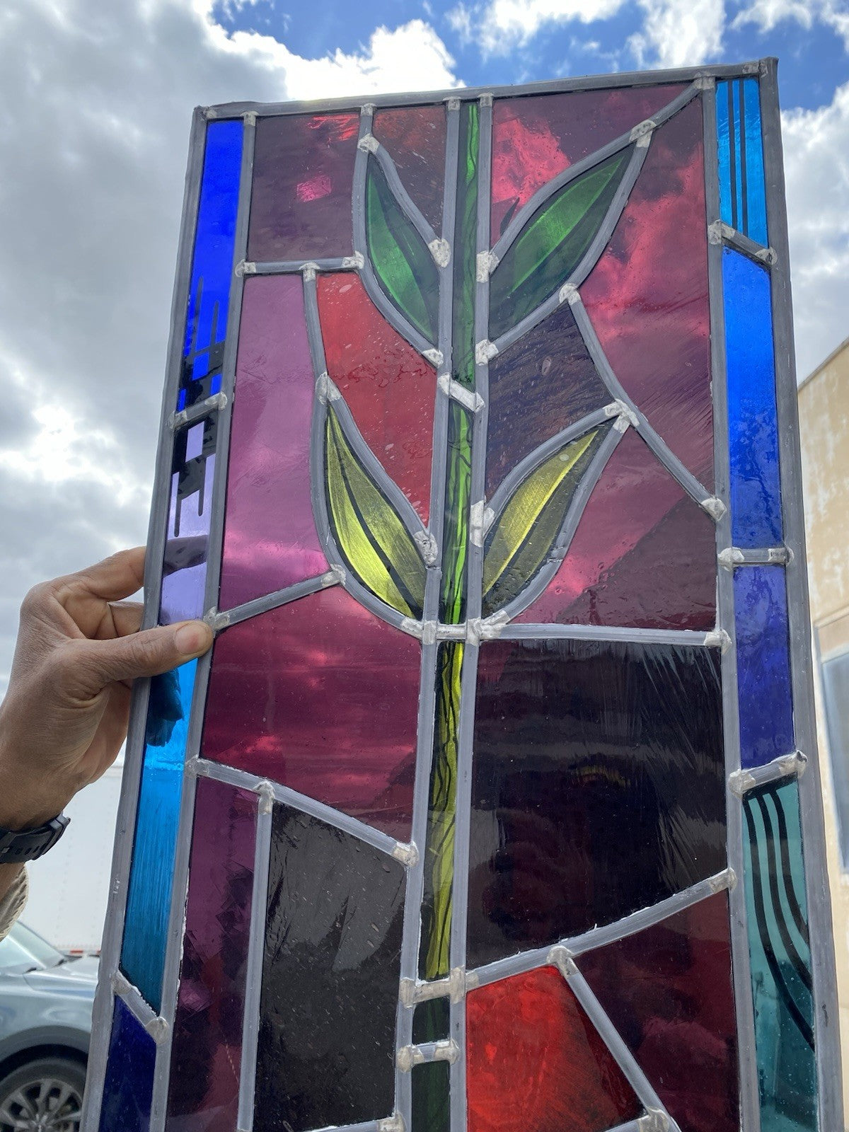 Vintage "Yo" & Door Art Deco Blue & Red Leaded Stained Glass Window 43x15 - 4 Pc