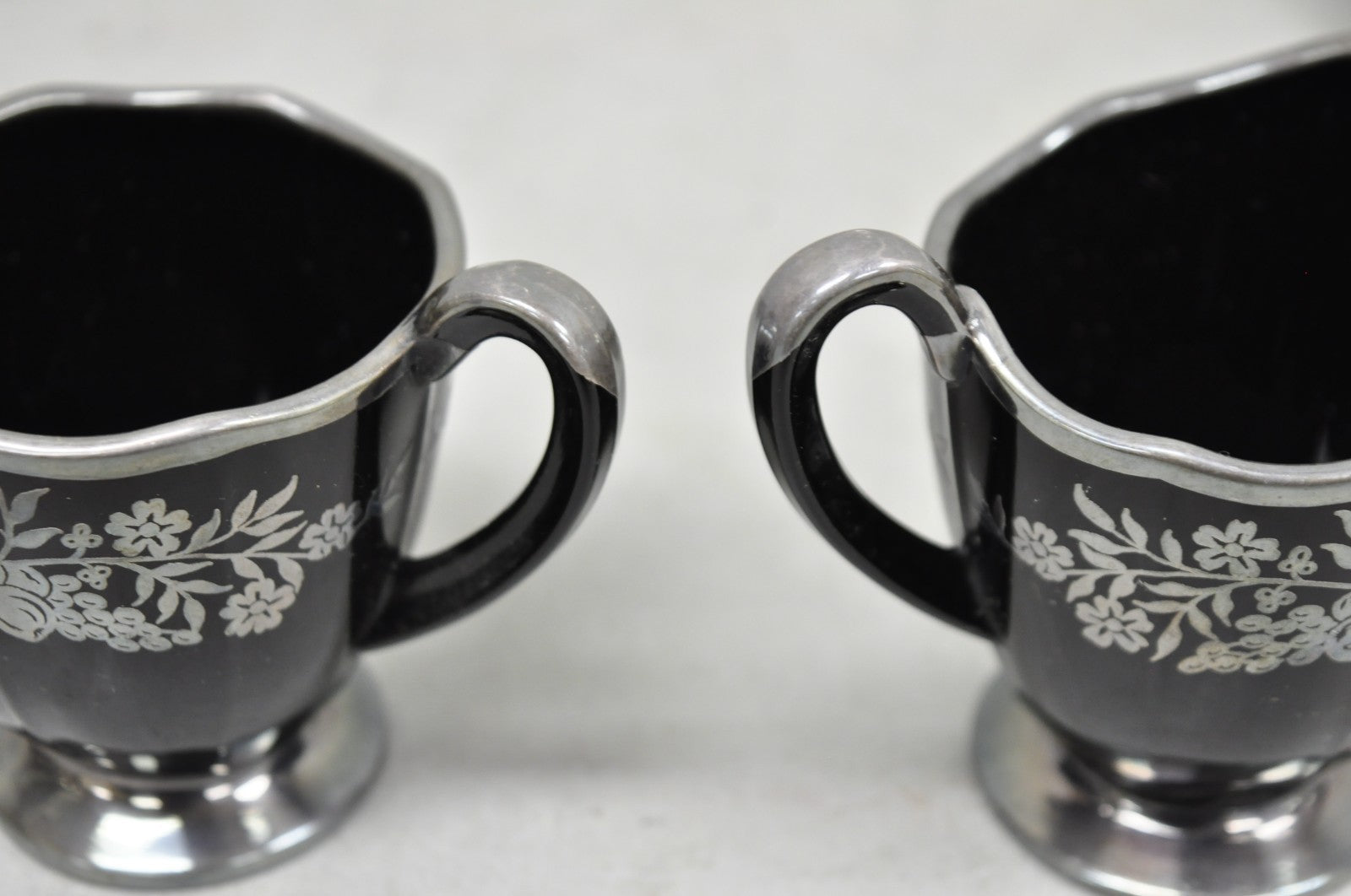 Vintage Rockwell Black Amethyst Glass Creamer Sugar Set Sterling Silver Overlay