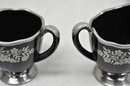 Vintage Rockwell Black Amethyst Glass Creamer Sugar Set Sterling Silver Overlay