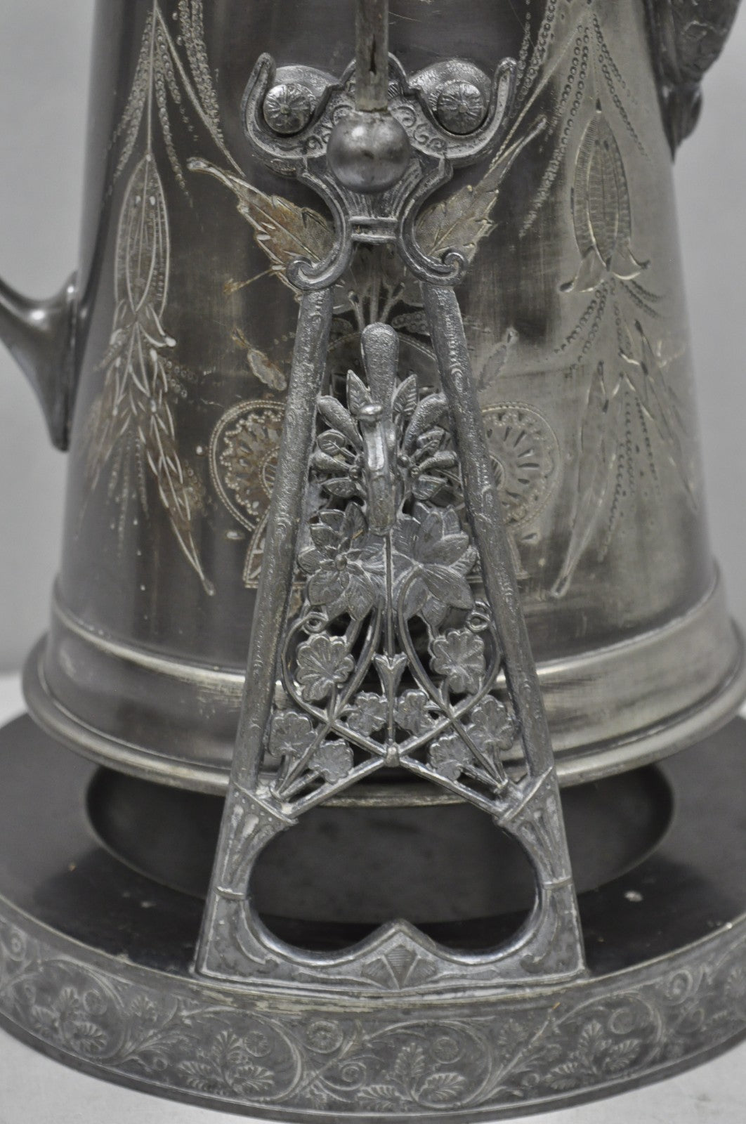 Antique English Victorian Silver Plated Tilting Coffee Pot on Stand w/ Engraving