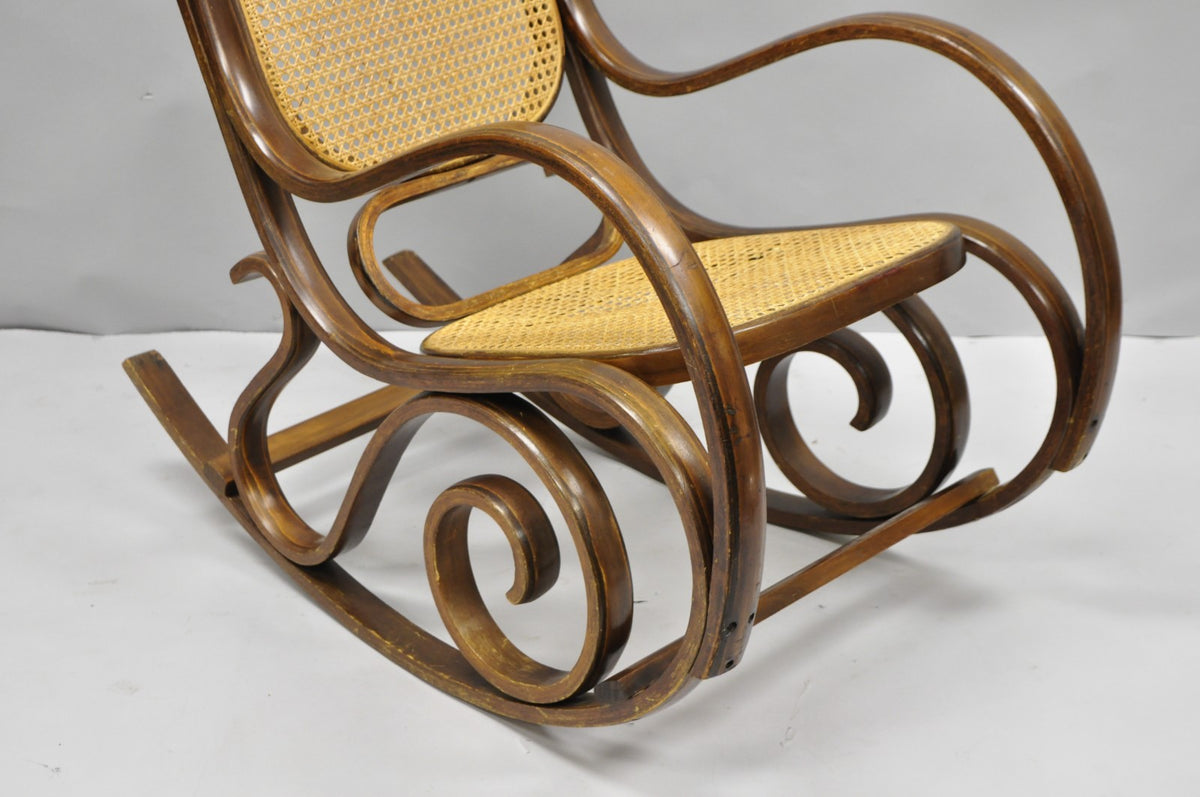 Vintage Mid Century Modern Thonet Style Bentwood & Cane Rocker Rocking Chair (C)