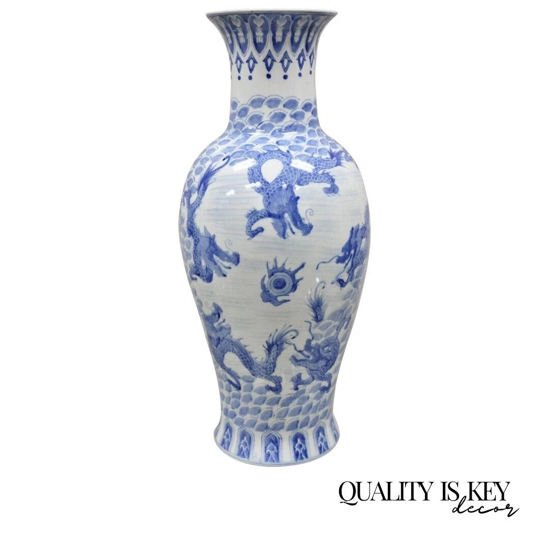 Vintage Chinese Export Delf Style Blue and White Porcelain 25" Tall Dragon Vase