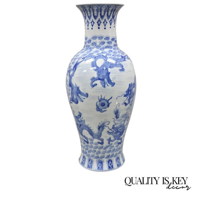 Vintage Chinese Export Delf Style Blue and White Porcelain 25" Tall Dragon Vase