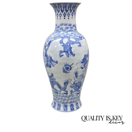 Vintage Chinese Export Delf Style Blue and White Porcelain 25" Tall Dragon Vase