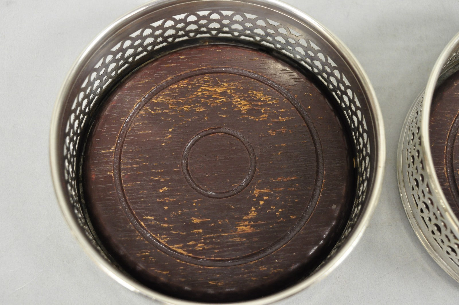 Vintage English Victorian Wood & Silver Plated Bar Wine Bottle Coaster - a Pair