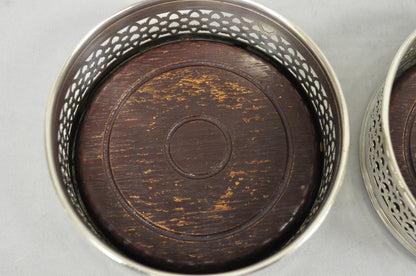 Vintage English Victorian Wood & Silver Plated Bar Wine Bottle Coaster - a Pair