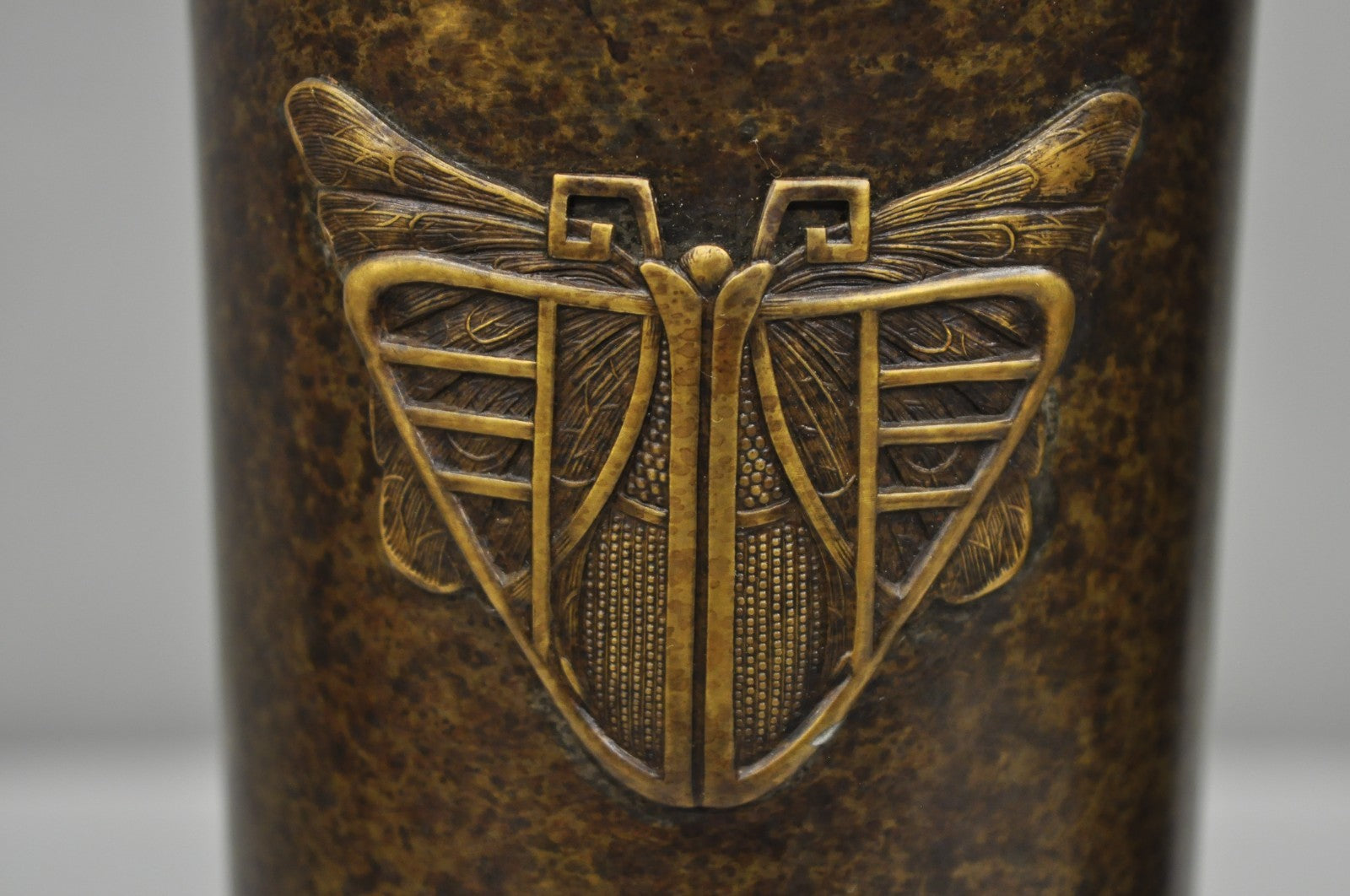 Antique French Art Deco Bronze Fluted Altar Vase w/ Butterfly Moth - a Pair