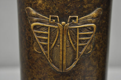 Antique French Art Deco Bronze Fluted Altar Vase w/ Butterfly Moth - a Pair