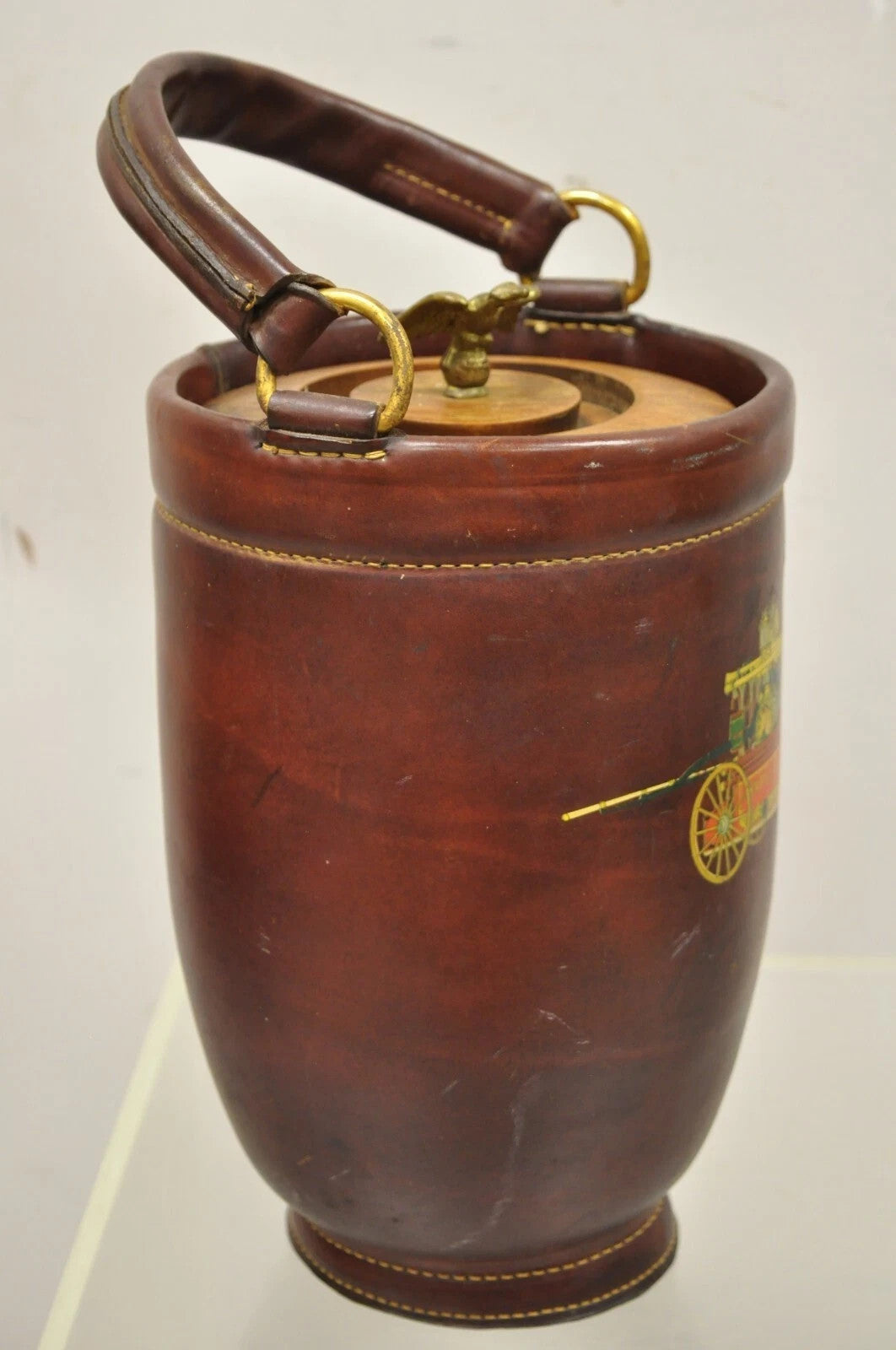 Vintage Loyal Papeete Firetruck Brown Leather Brass Eagle Handle Bar Ice Bucket