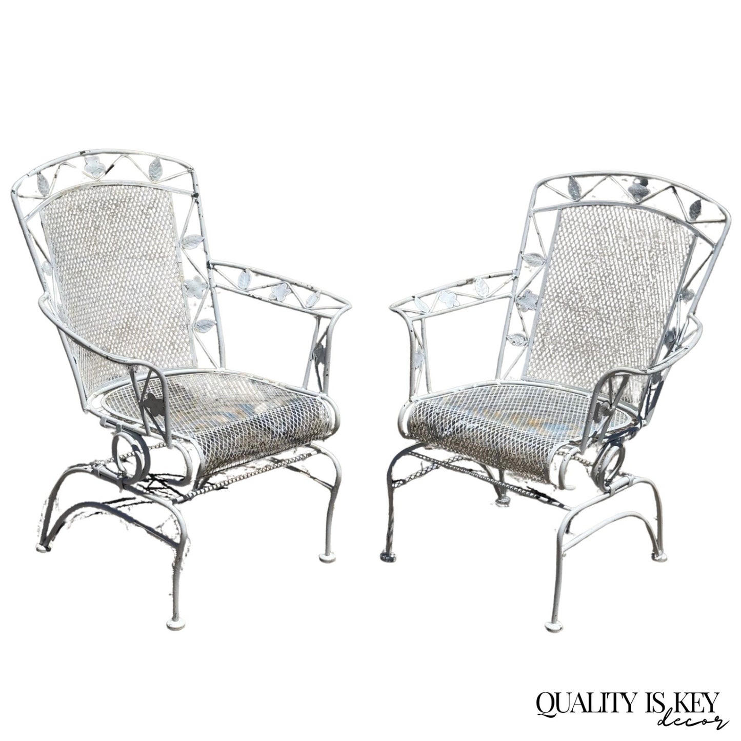 Vintage Woodard Era Floral Wrought Iron Springer Garden Patio Arm Chair - a Pair