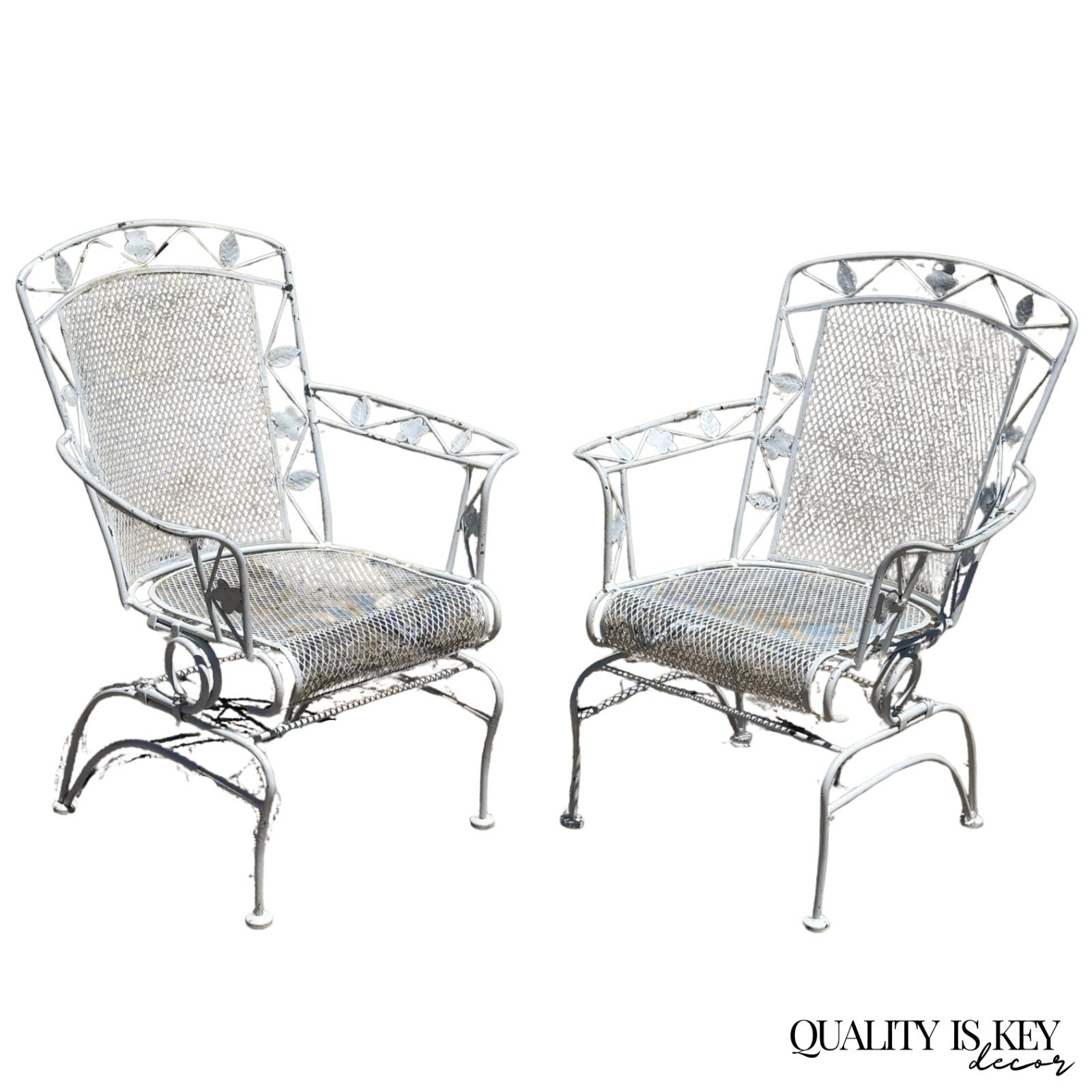 Vintage Woodard Era Floral Wrought Iron Springer Garden Patio Arm Chair - a Pair