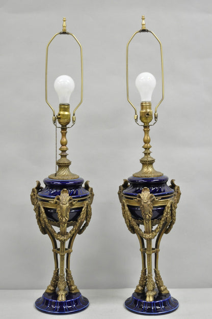 French Empire Neoclassical Bronze Ram Head Cobalt Blue Porcelain Table Lamp Pair