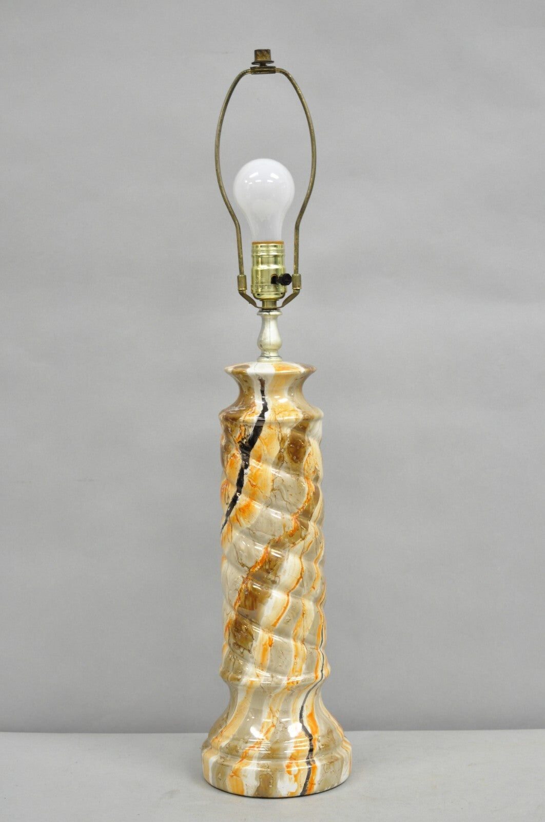 Vintage Mid Century Modern Glazed Pottery Orange Faux Marble Column Table Lamp