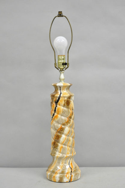 Vintage Mid Century Modern Glazed Pottery Orange Faux Marble Column Table Lamp