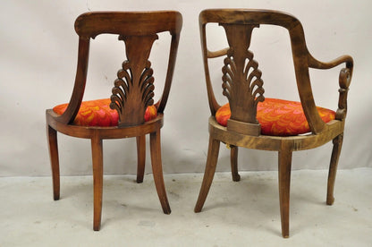 Italian Neoclassical Plume Carved Walnut Saber Leg Dining Chairs - Set of 6