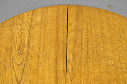 Antique English Victorian Oak & Elm Wood Round Extension Dining Table w 3 Leaves