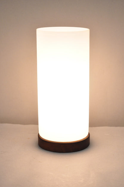 Vintage Mid Century Swedish Modern Frosted Glass Cylinder Small Teak Table Lamp