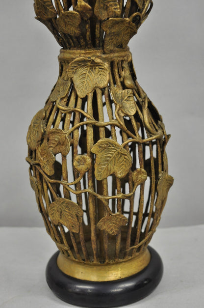 Vintage Italian Hollywood Regency Gold Gilt Metal Lotus & Vine Leaf Table Lamp