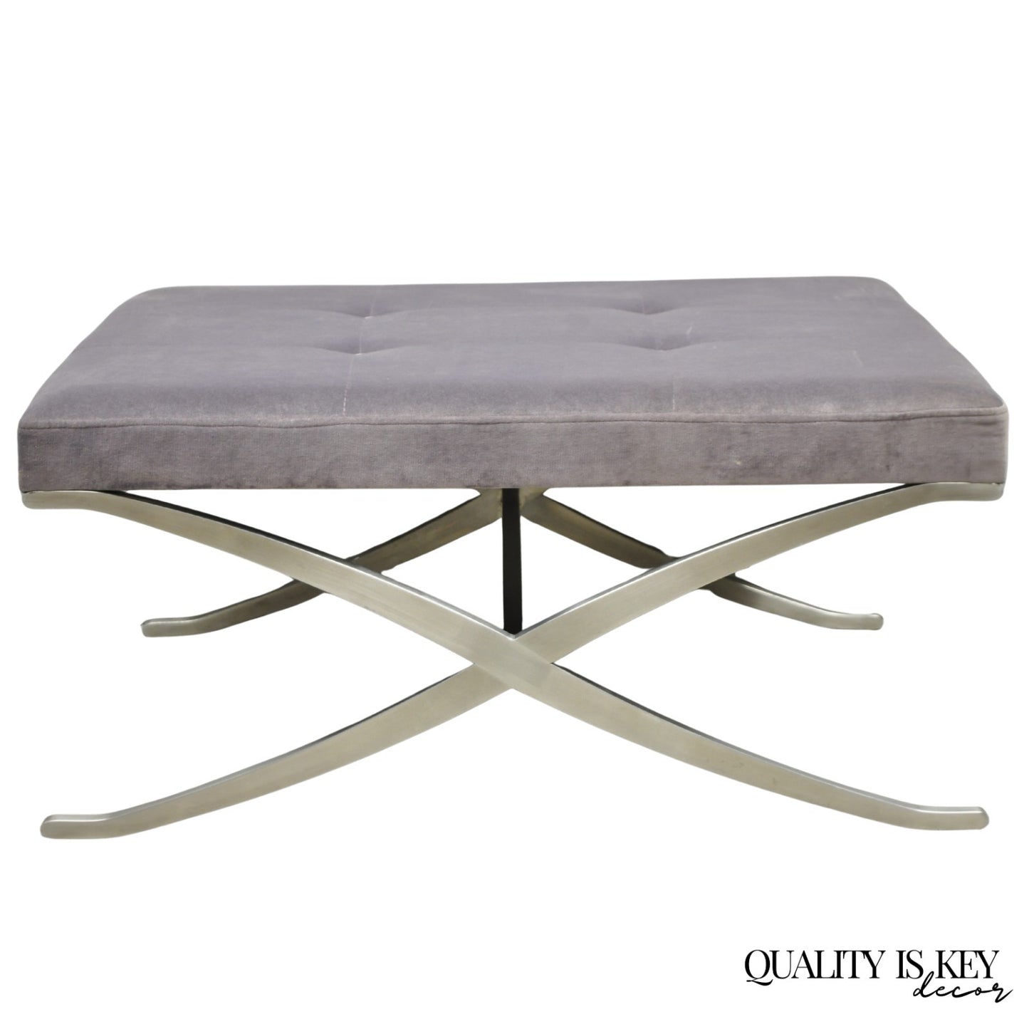 Contemporary Modern Brushed Chrome Frame X-Form Purple Tufted Bench Ottoman