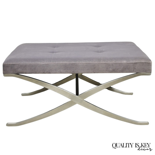 Contemporary Modern Brushed Chrome Frame X-Form Purple Tufted Bench Ottoman