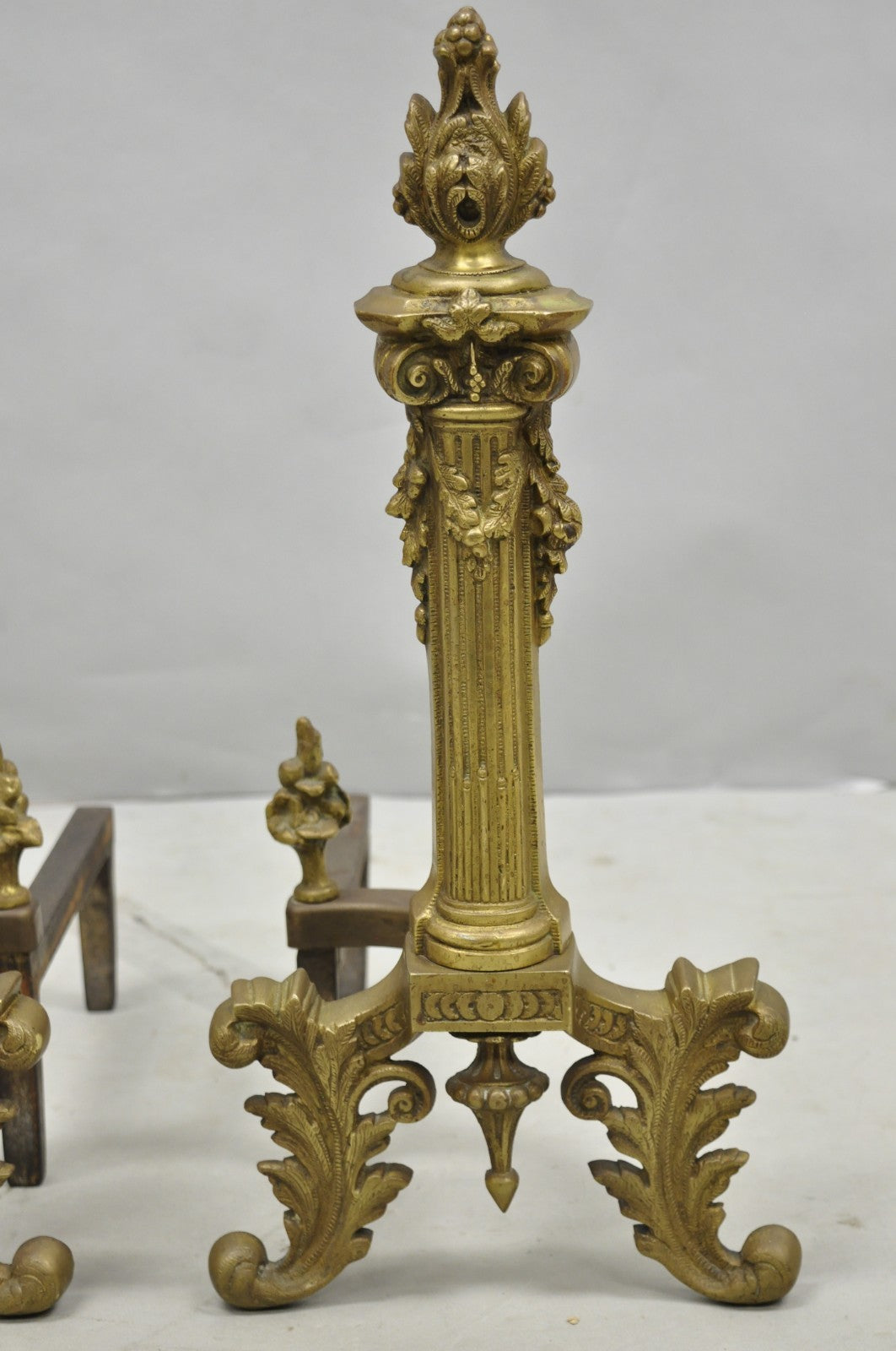 Antique French Empire Style Bronze Corinthian Column Fireplace Andirons - a Pair