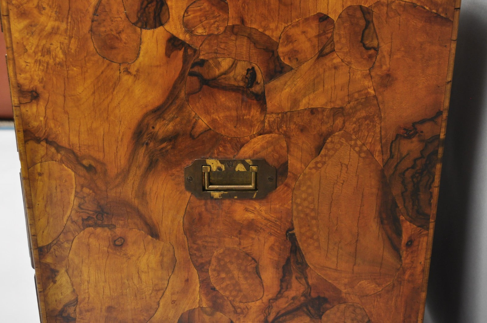 Vintage Italian Olive Wood Veneer Campaign Chest of Drawers Cabinet Side Table
