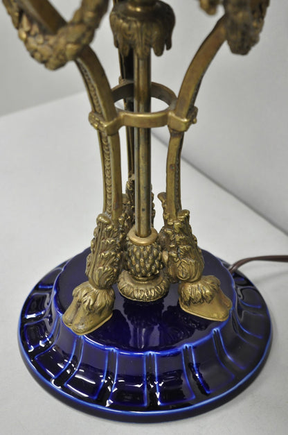 French Empire Neoclassical Bronze Ram Head Cobalt Blue Porcelain Table Lamp Pair