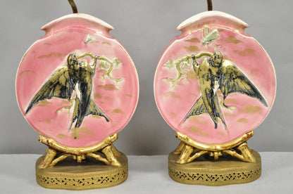 Antique Chinoiserie Pink Porcelain Round Vase Table Lamps w/ Birds - a Pair