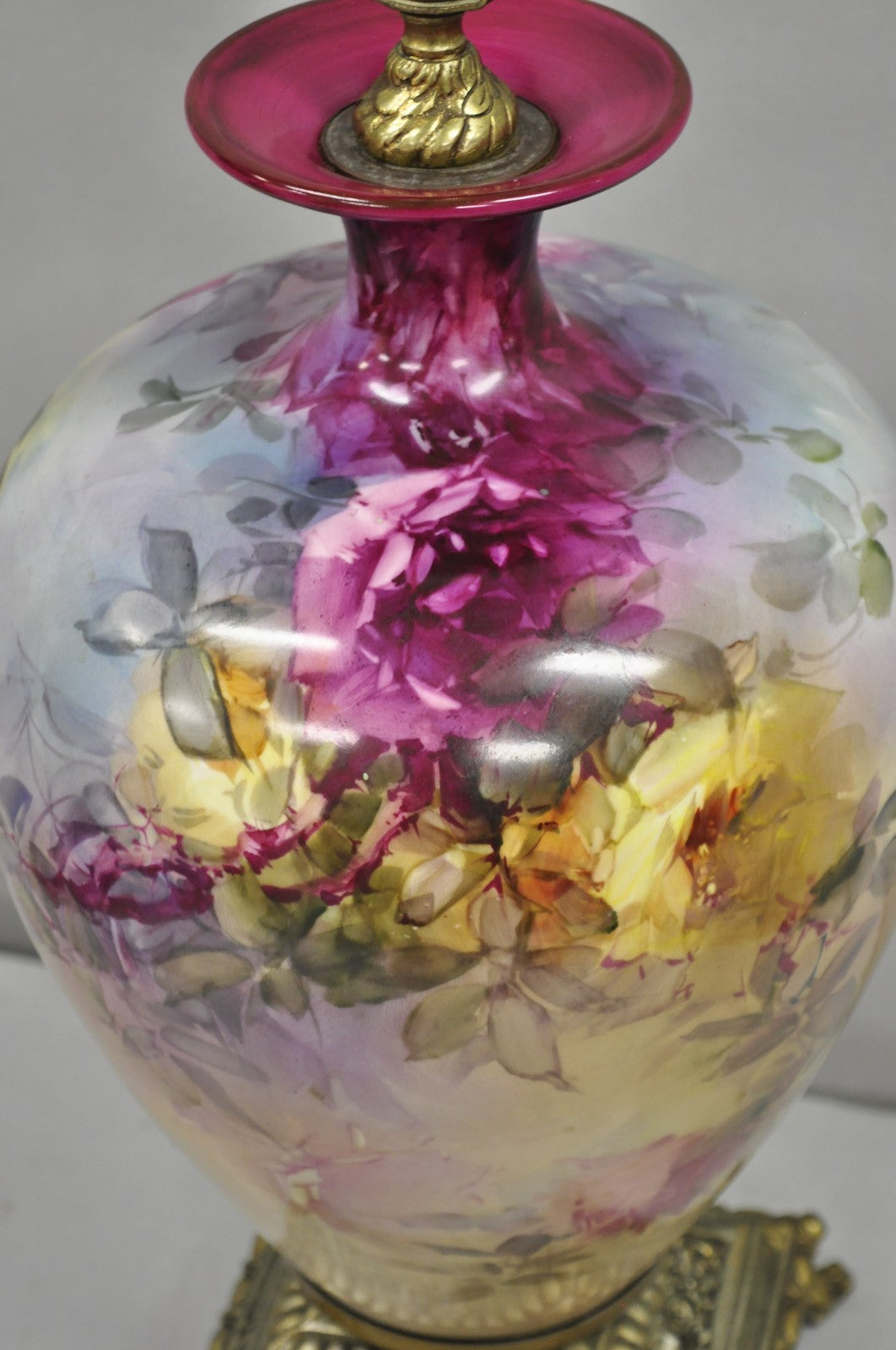 Antique French Paris Porcelain Hand Painted Flowers Bulbous Vase Table Lamp