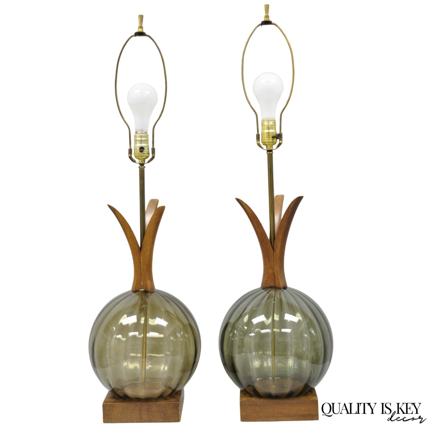 Vintage Mid Century Modern Ribbed Smoked Glass Orb Pineapple Table Lamps - Pair