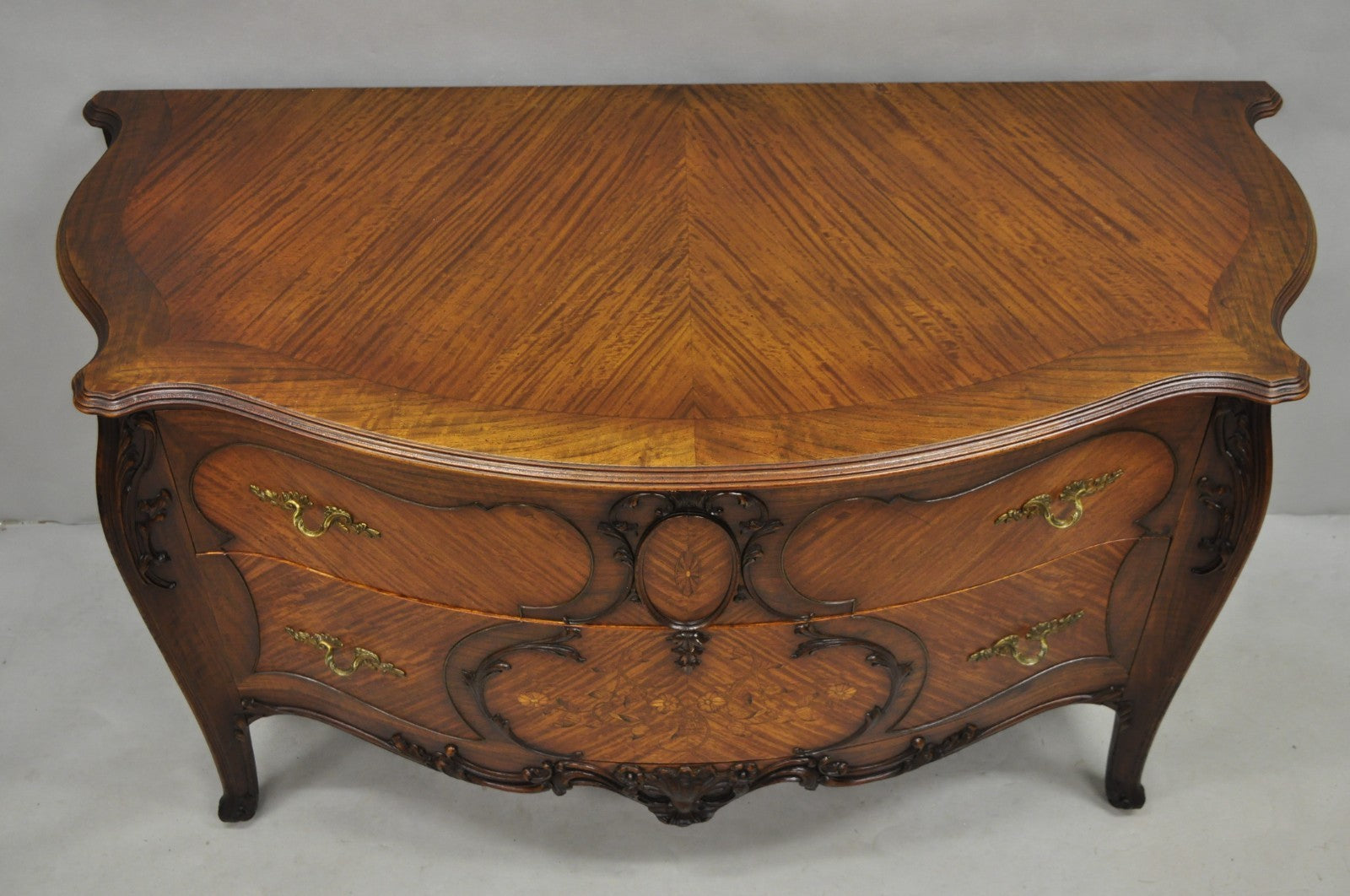 Antique French Louis XV Carved Walnut Inlaid Bombe Demilune Commode Dresser