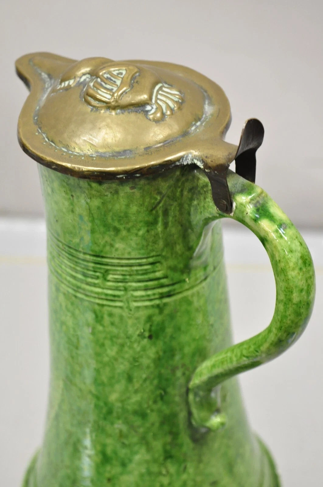Antique Gothic Renaissance Green Ceramic Pitcher with Brass Soldier Armor Lid