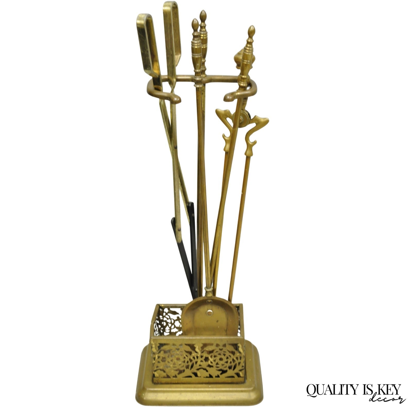 Antique English Federal Brass Urn Finial Fireplace Tool Set with Stand