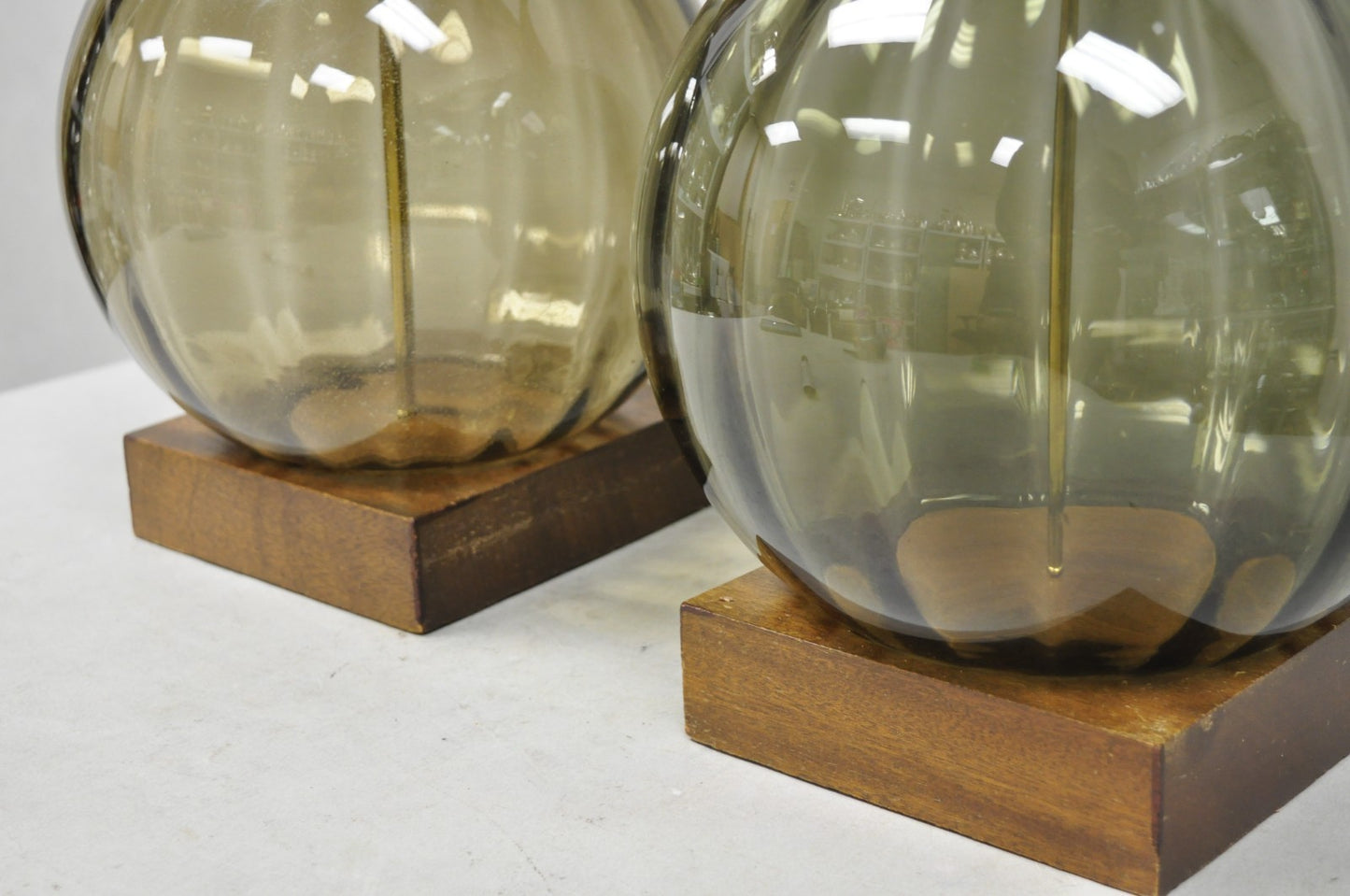 Vintage Mid Century Modern Ribbed Smoked Glass Orb Pineapple Table Lamps - Pair