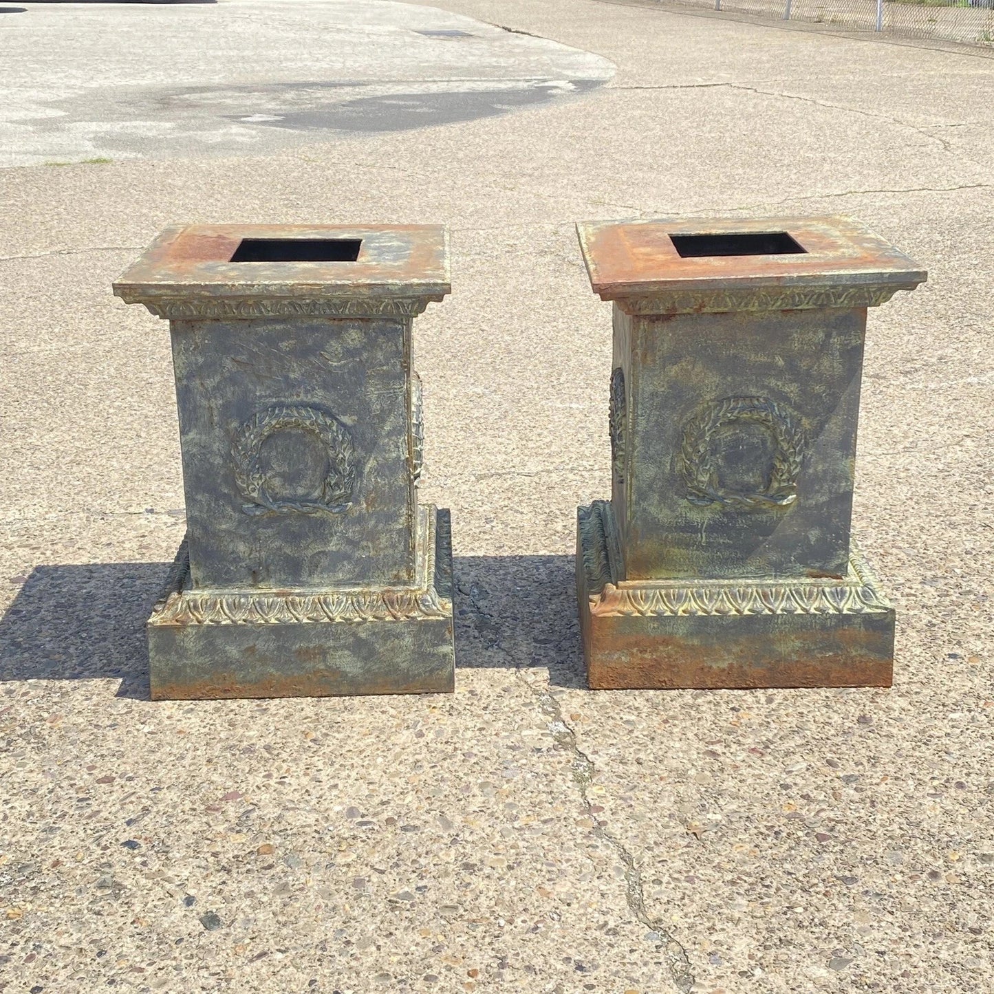 Vintage Neoclassical Cast Iron Wreath Garden Urn Planter Pedestal Base - Pair