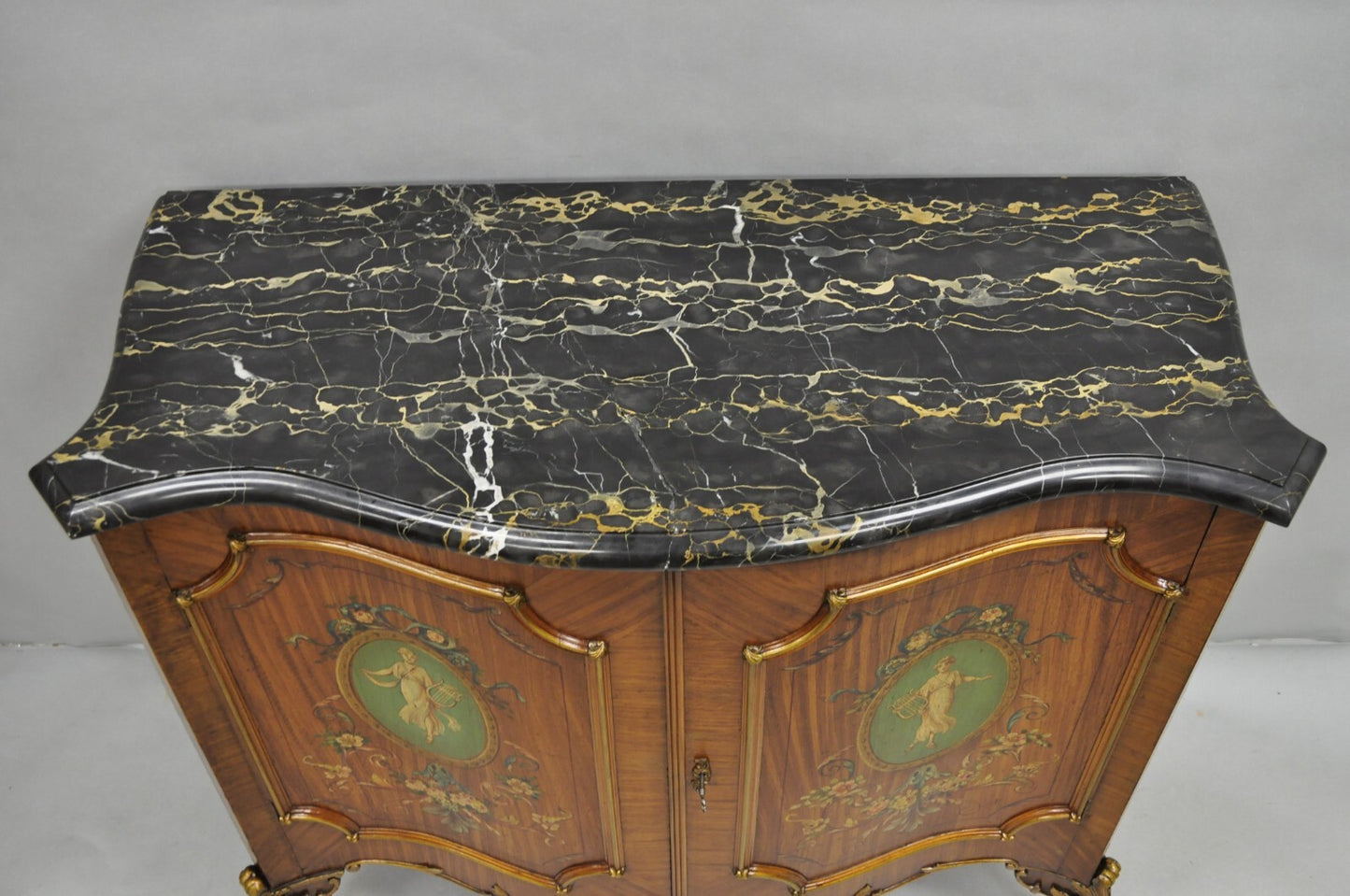 French Louis XV Adam Style Marble Top Kingwood Hand Painted Commode w/ Drawers