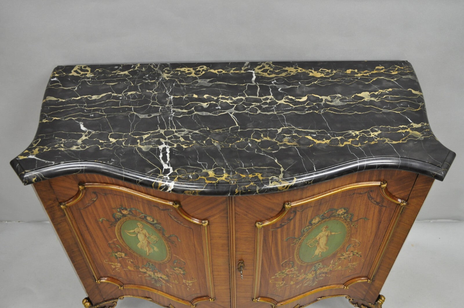 French Louis XV Adam Style Marble Top Kingwood Hand Painted Commode w/ Drawers